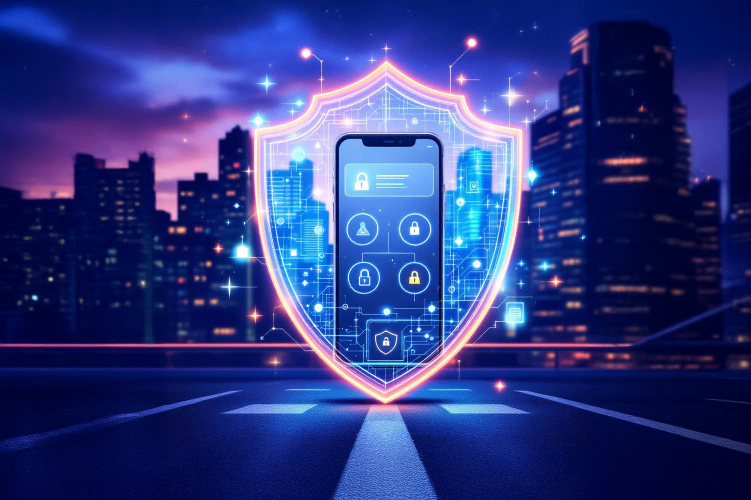 Smartfon na środku, przed nim ochronna wirtualna tarcza, a w tle miasto w nocy.