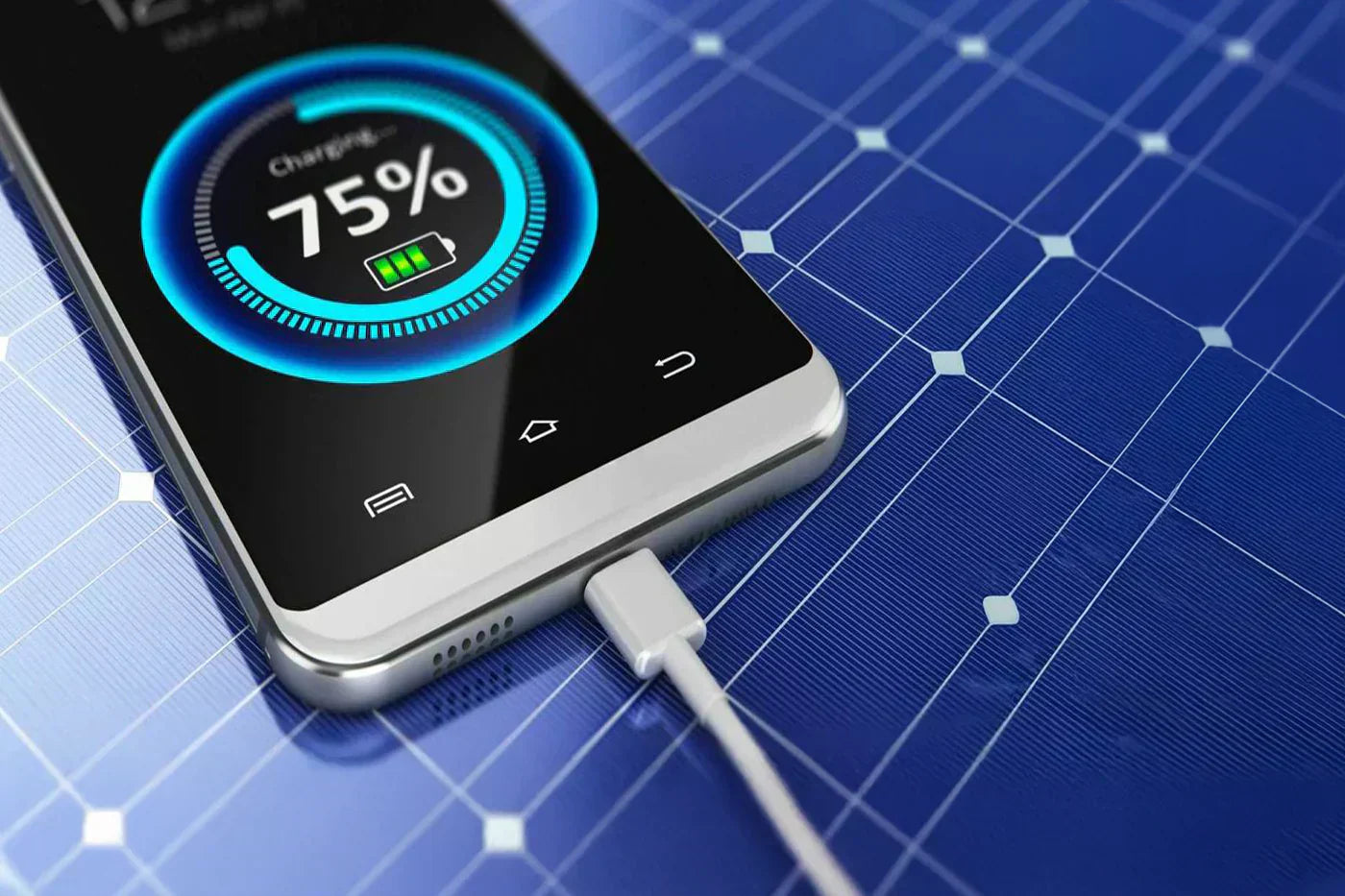 Ładowanie telefonu na poziomie 75%.