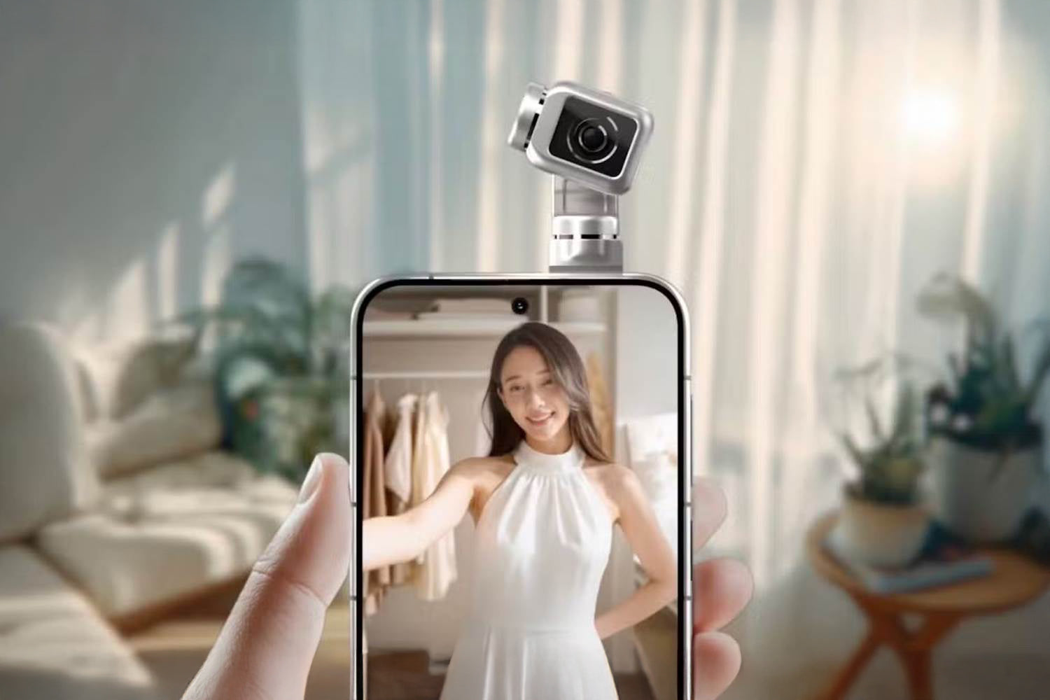 HONOR ROBOT PHONE zamontowany do smartfona robiący zdjęcie.