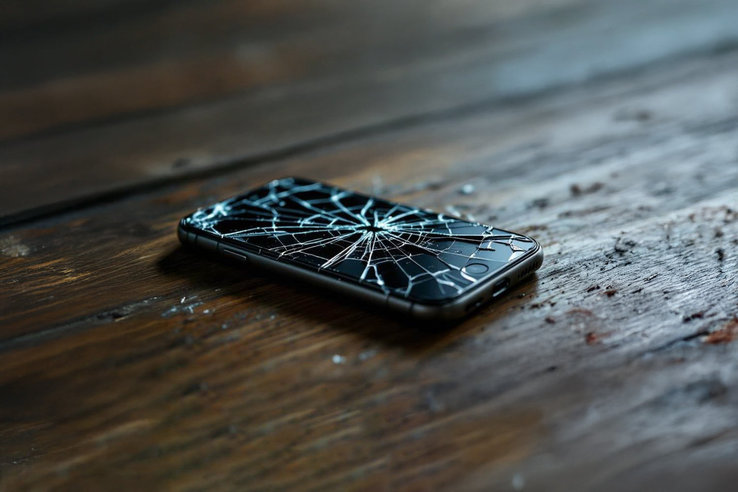 Uszkodzony smartfon na podłodze.