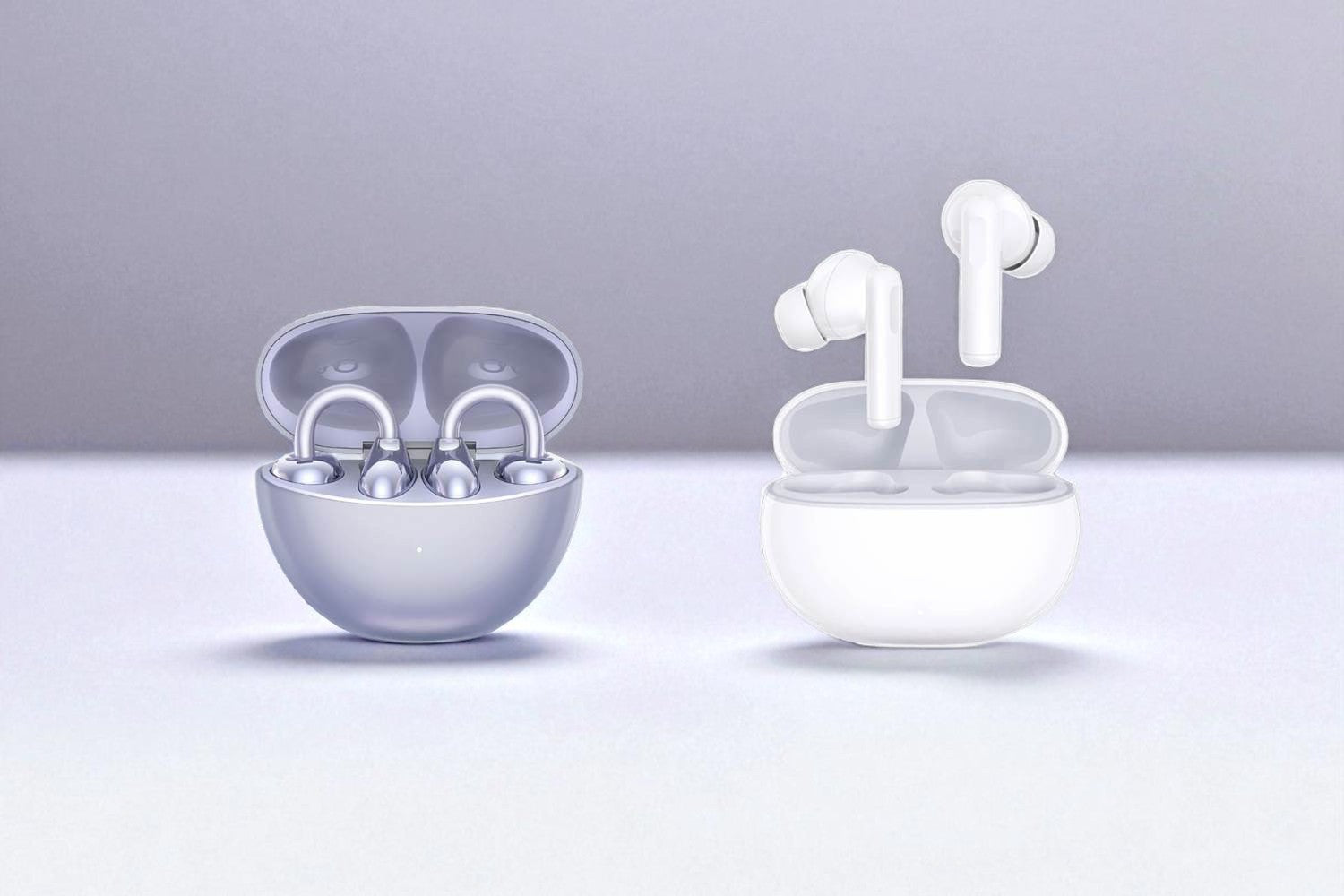 Słuchawki HONOR CHOICE X7i oraz HONOR CHOICE Earbuds Clip na delikatnym fioletowym tle.