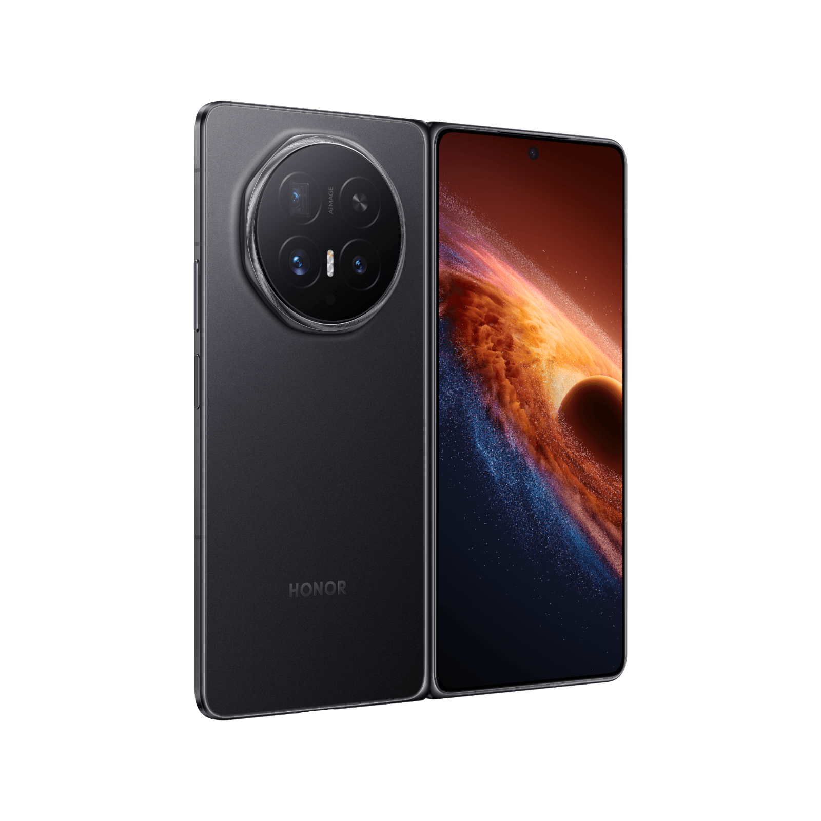 Smartfon HONOR Magic V6 Czarny tył, lewy bok obudowy Rozłożony